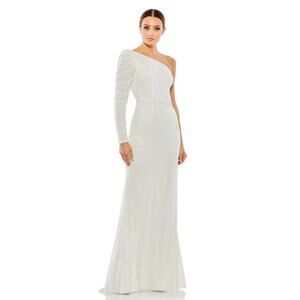 NWT IEENA FOR MAC DUGGAL WHITE SEQUINED ONE SHOULDER TRUMPET GOWN 2